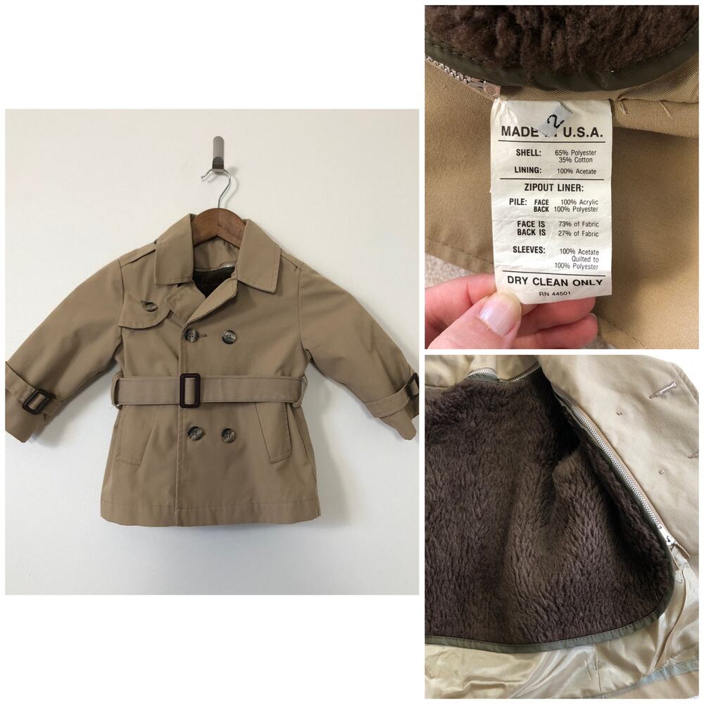 VTG Toddler Tan Khaki Trench Coat Tag 2 Fit 18-24M Zip Out Fur Lining Classic‎